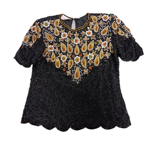 Vintage Laurence Kazar Silk beaded top size Petite Medium‎ fit like LG.